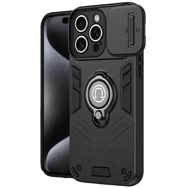 For iPhone 16 Pro Max Case Slide Camshield Kickstand PC+TPU Phone Cover - Black