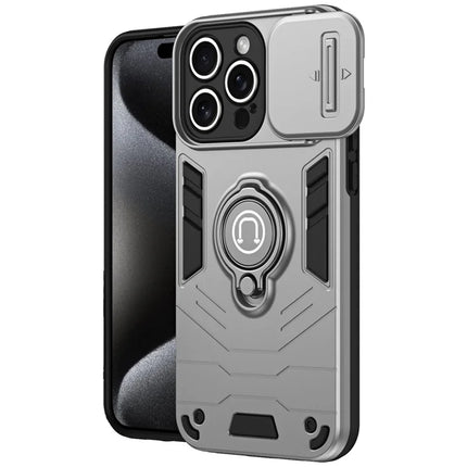 For iPhone 16 Pro Max Case Slide Camshield Kickstand PC+TPU Phone Cover - Grey