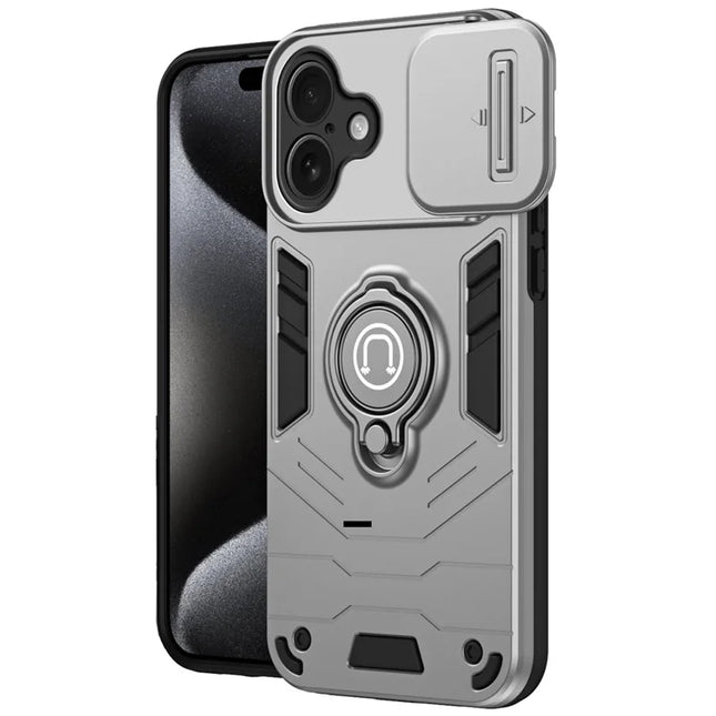 For iPhone 16 Case Slide Camshield Kickstand PC+TPU Phone Cover - Grey