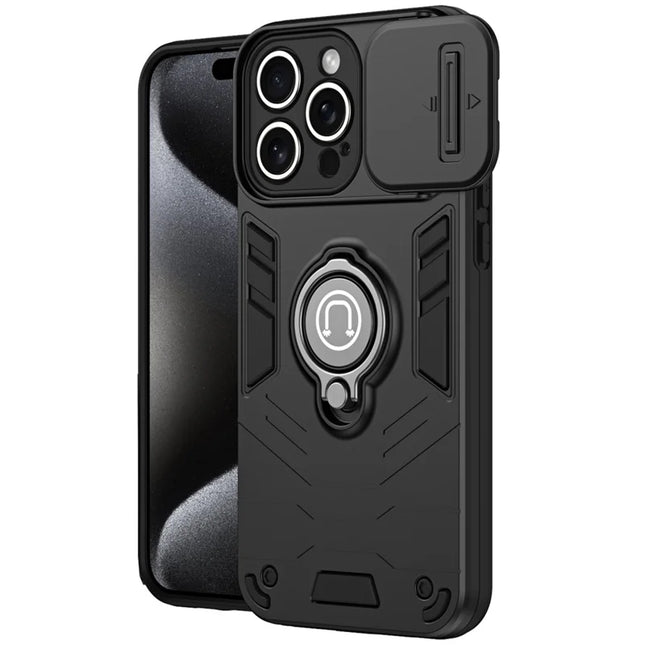 For iPhone 16 Pro Case Slide Camshield Kickstand PC+TPU Phone Cover - Black