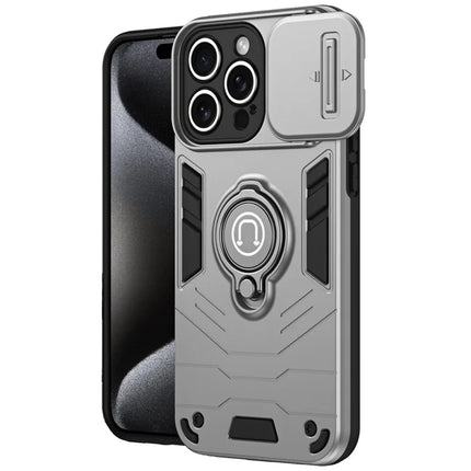 For iPhone 16 Pro Case Slide Camshield Kickstand PC+TPU Phone Cover - Grey