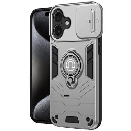 For iPhone 16 Plus Case Slide Camshield Kickstand PC+TPU Phone Cover - Grey