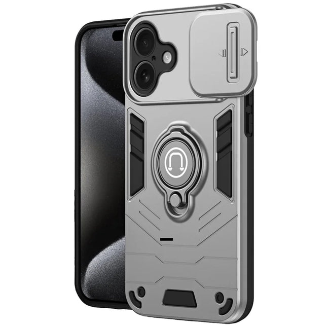 For iPhone 16 Plus Case Slide Camshield Kickstand PC+TPU Phone Cover - Grey