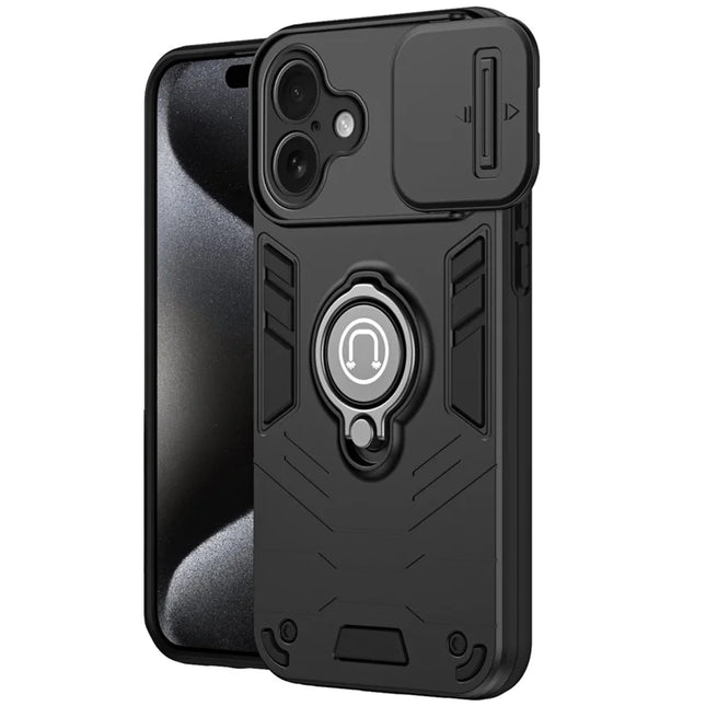 For iPhone 16 Plus Case Slide Camshield Kickstand PC+TPU Phone Cover - Black