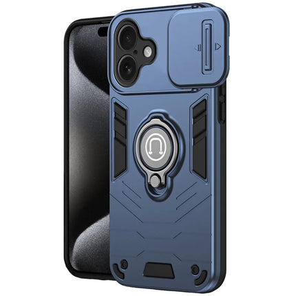 For iPhone 16 Plus Case Slide Camshield Kickstand PC+TPU Phone Cover - Blue