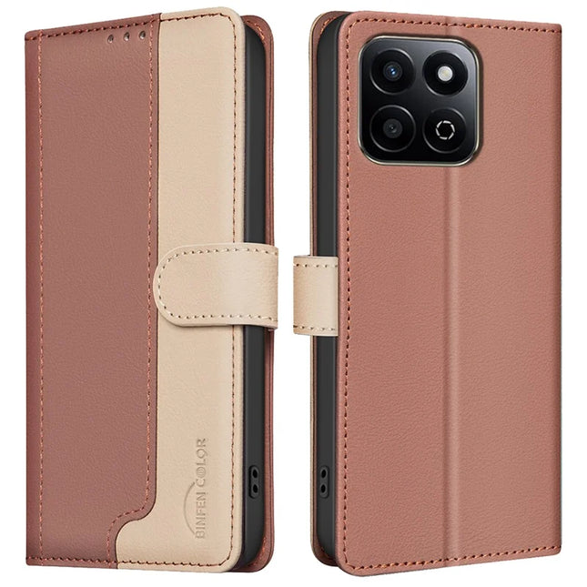 BINFEN COLOR BF33 for Honor X7c 4G / 200 Smart 5G Leather Case Splicing Color RFID Blocking - Brown