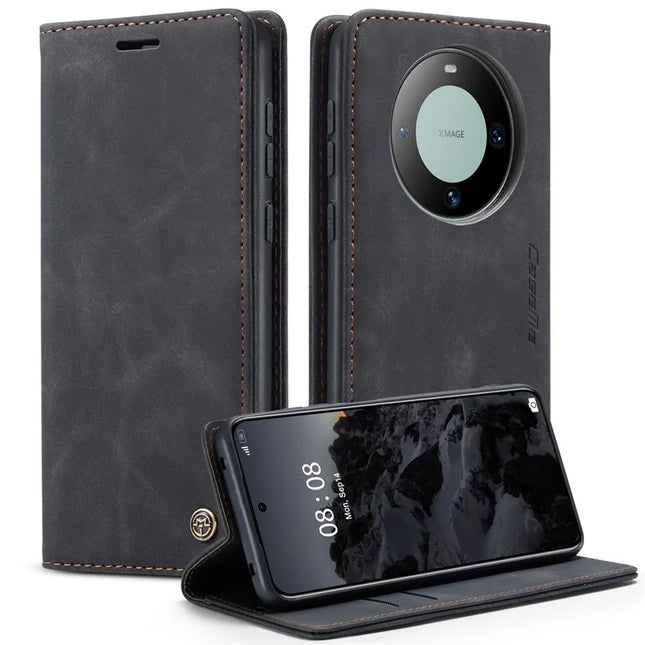 For Huawei Mate 60 Case CASEME 013 Series Card Holder Stand Leather Phone Cover - Black
