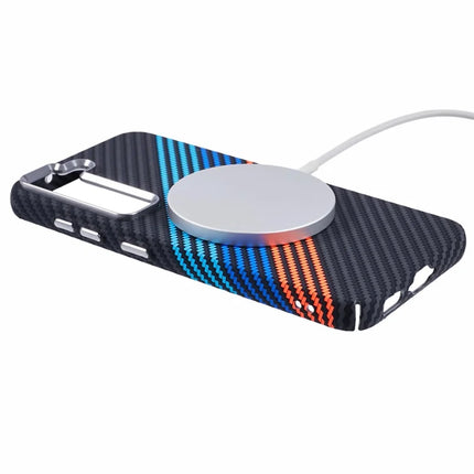 For Samsung Galaxy S23 Case Compatible with MagSafe Carbon Fiber Texture Water-Transfer PC Phone Cover