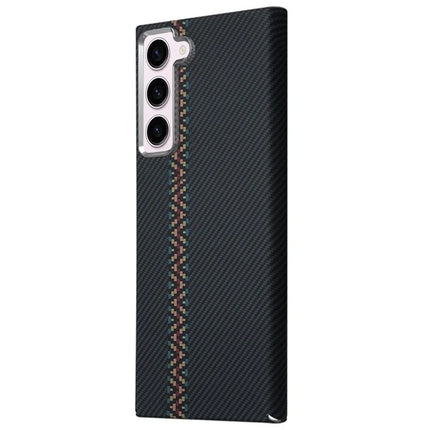 For Samsung Galaxy S23 Case Compatible with MagSafe Carbon Fiber Texture Water-Transfer PC Phone Cover - Colorful+Black Stripes