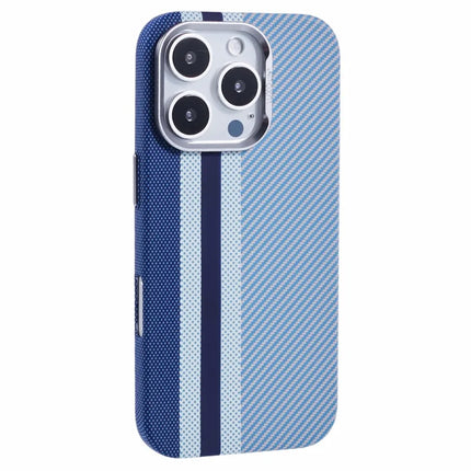 For iPhone 16 Pro Case Compatible with MagSafe Carbon Fiber Texture Water-Transfer PC Phone Cover - Blue Vertical Stripes