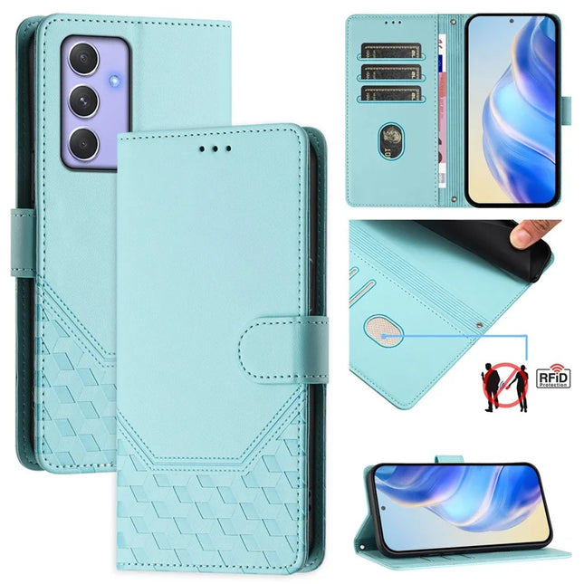 For Samsung Galaxy A54 5G Case Imprinted Honeycomb RFID Blocking Leather Phone Cover with Strap - Mint Green