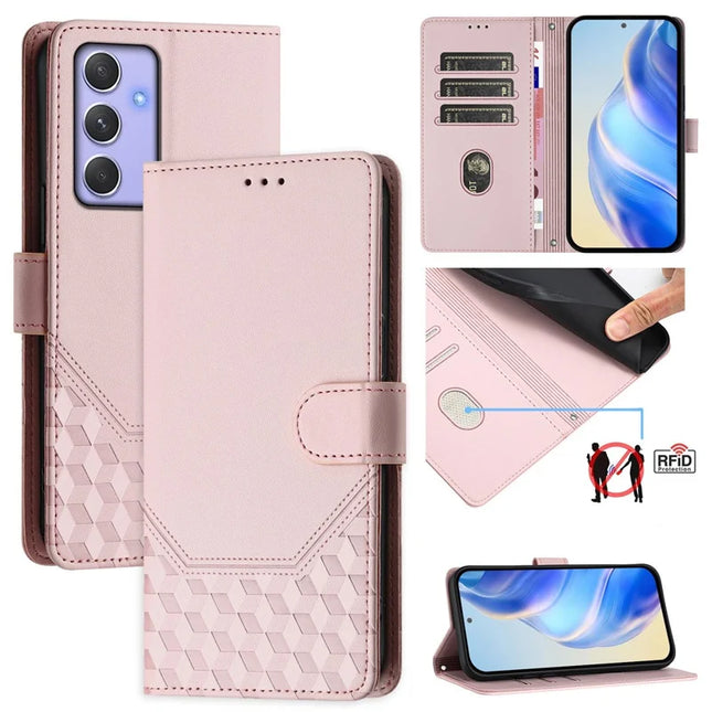 For Samsung Galaxy A54 5G Case Imprinted Honeycomb RFID Blocking Leather Phone Cover with Strap - Pink