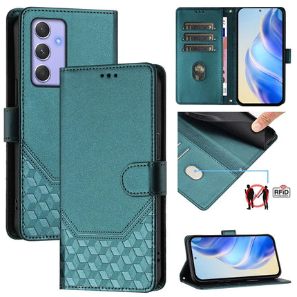 For Samsung Galaxy A54 5G Case Imprinted Honeycomb RFID Blocking Leather Phone Cover with Strap - Green