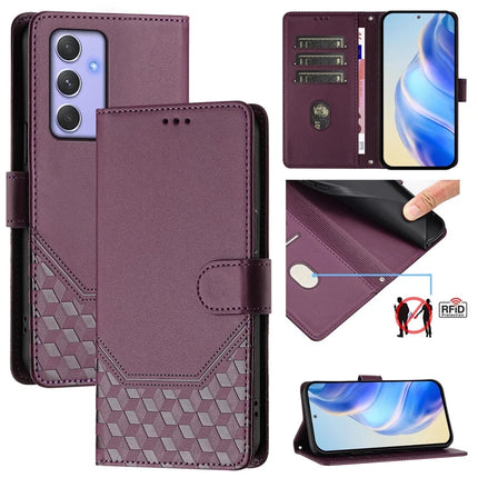 For Samsung Galaxy A54 5G Case Imprinted Honeycomb RFID Blocking Leather Phone Cover with Strap - Dark Purple