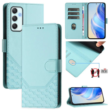 For Samsung Galaxy A35 5G Case Imprinted Honeycomb RFID Blocking Leather Phone Cover with Strap - Mint Green