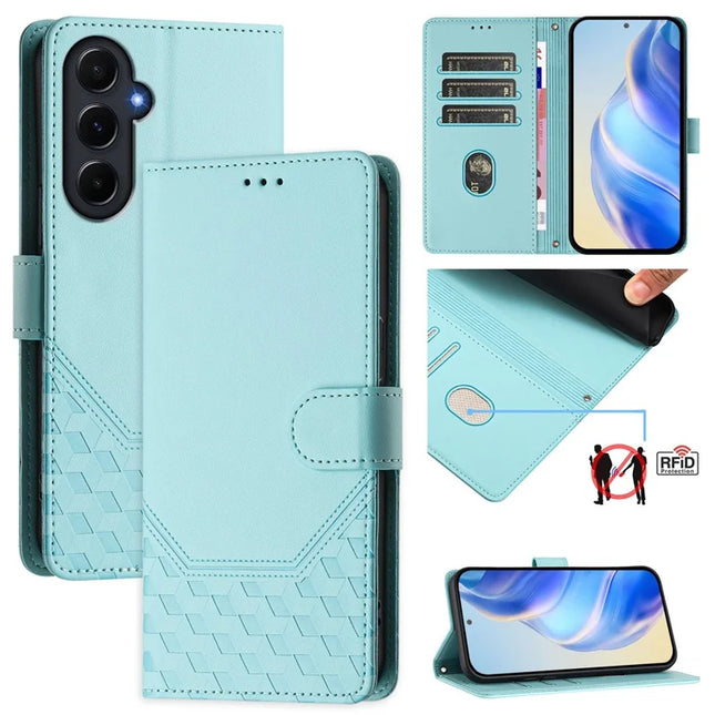 For Samsung Galaxy A55 5G Case Imprinted Honeycomb RFID Blocking Leather Phone Cover with Strap - Mint Green