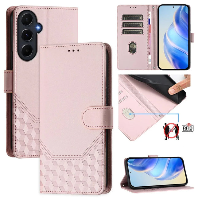 For Samsung Galaxy A55 5G Case Imprinted Honeycomb RFID Blocking Leather Phone Cover with Strap - Pink