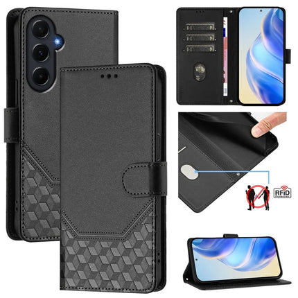 For Samsung Galaxy A55 5G Case Imprinted Honeycomb RFID Blocking Leather Phone Cover with Strap - Black