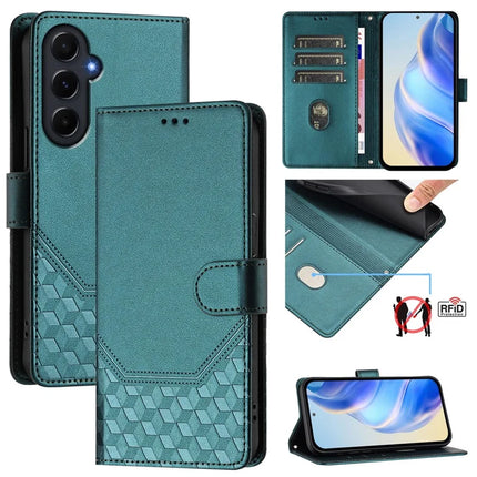 For Samsung Galaxy A55 5G Case Imprinted Honeycomb RFID Blocking Leather Phone Cover with Strap - Green