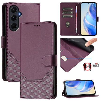 For Samsung Galaxy A55 5G Case Imprinted Honeycomb RFID Blocking Leather Phone Cover with Strap - Dark Purple