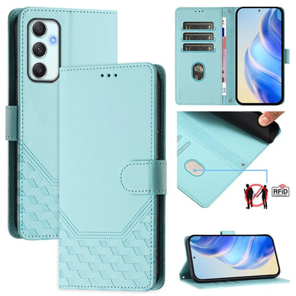 For Samsung Galaxy A34 5G Case Imprinted Honeycomb RFID Blocking Leather Phone Cover with Strap - Mint Green