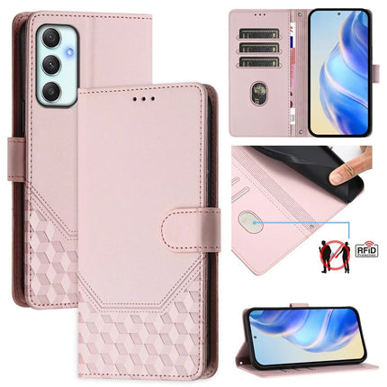 For Samsung Galaxy A34 5G Case Imprinted Honeycomb RFID Blocking Leather Phone Cover with Strap - Pink