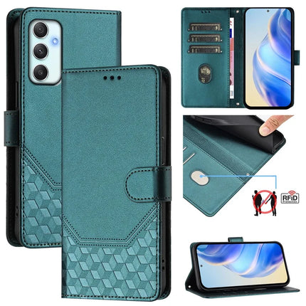 For Samsung Galaxy A34 5G Case Imprinted Honeycomb RFID Blocking Leather Phone Cover with Strap - Green