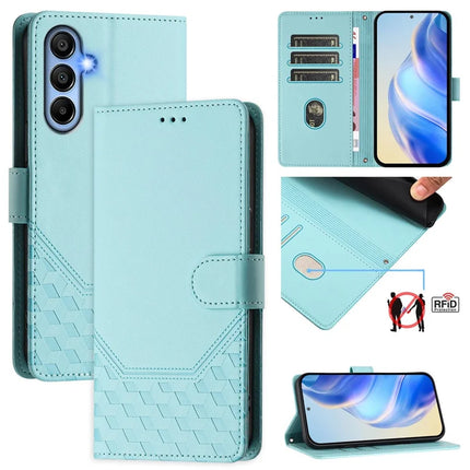 For Samsung Galaxy A15 5G / Galaxy A15 4G Case Imprinted Honeycomb RFID Blocking Leather Phone Cover with Strap - Mint Green