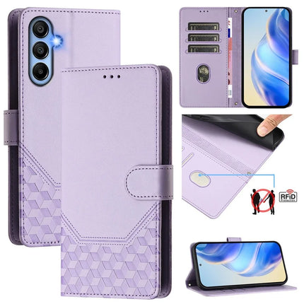 For Samsung Galaxy A15 5G / Galaxy A15 4G Case Imprinted Honeycomb RFID Blocking Leather Phone Cover with Strap - Light Purple