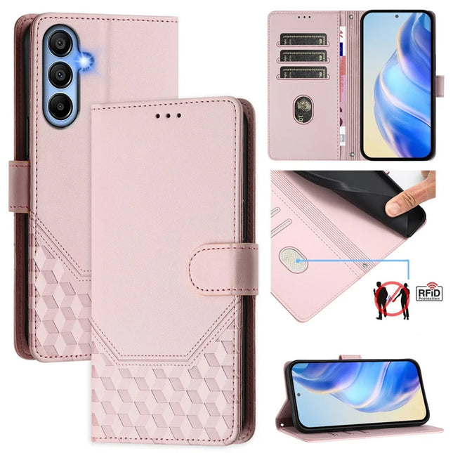 For Samsung Galaxy A06 Case Imprinted Honeycomb RFID Blocking Leather Phone Cover with Strap - Pink