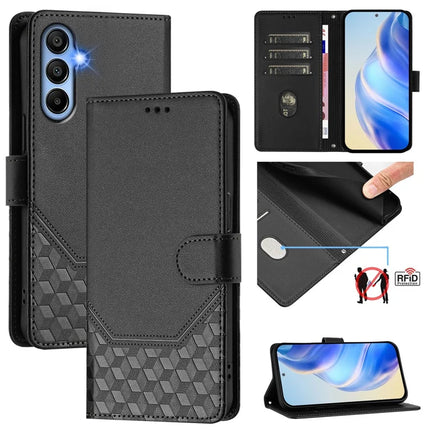 For Samsung Galaxy A06 Case Imprinted Honeycomb RFID Blocking Leather Phone Cover with Strap - Black