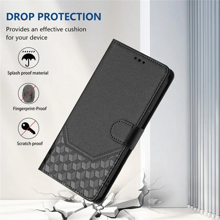 For Samsung Galaxy A06 Case Imprinted Honeycomb RFID Blocking Leather Phone Cover with Strap