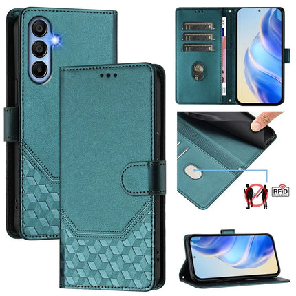 For Samsung Galaxy A06 Case Imprinted Honeycomb RFID Blocking Leather Phone Cover with Strap - Green