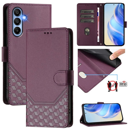 For Samsung Galaxy A06 Case Imprinted Honeycomb RFID Blocking Leather Phone Cover with Strap - Dark Purple