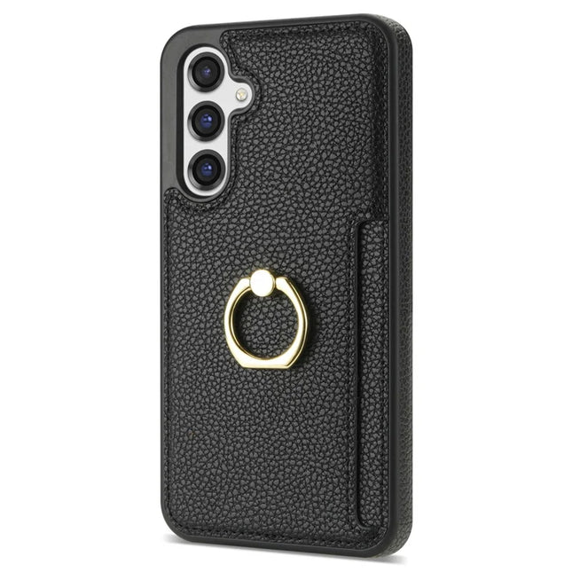 For Samsung Galaxy A16 4G / 5G Case Ring Kickstand PU+TPU Card Holder Phone Cover - Black