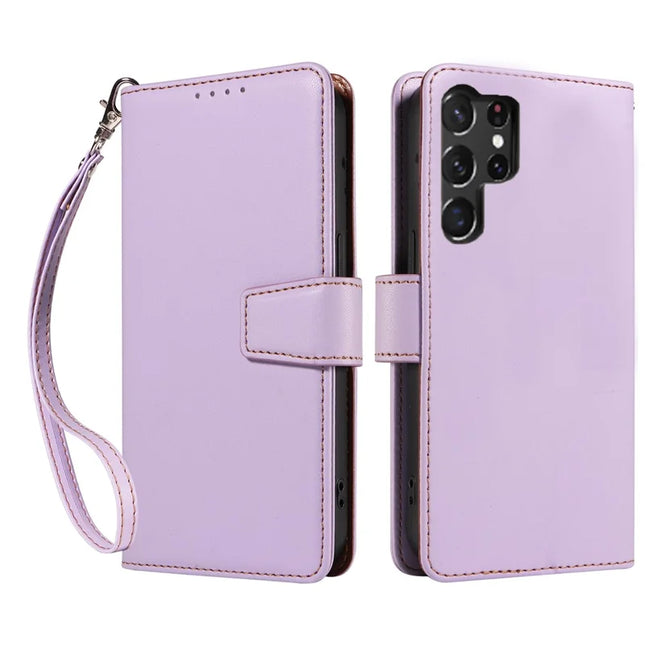 For Samsung Galaxy S23 Ultra Case RFID Blocking PU Leather Wallet Flip Phone Cover with Wrist Strap - Lavender Purple