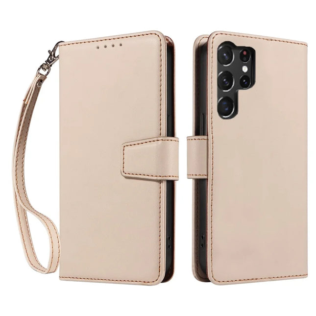 For Samsung Galaxy S23 Ultra Case RFID Blocking PU Leather Wallet Flip Phone Cover with Wrist Strap - Apricot