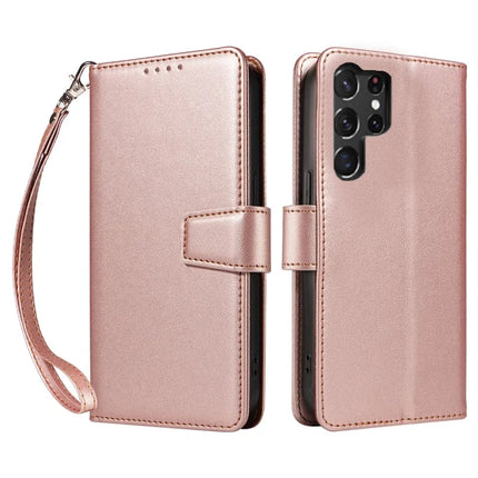 For Samsung Galaxy S23 Ultra Case RFID Blocking PU Leather Wallet Flip Phone Cover with Wrist Strap - Rose Gold
