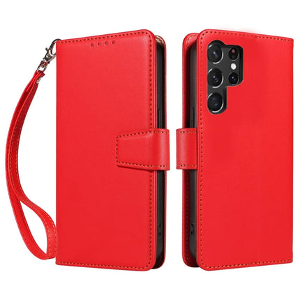 For Samsung Galaxy S23 Ultra Case RFID Blocking PU Leather Wallet Flip Phone Cover with Wrist Strap - Red