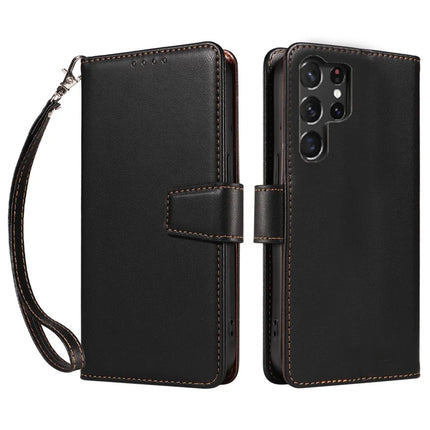 For Samsung Galaxy S23 Ultra Case RFID Blocking PU Leather Wallet Flip Phone Cover with Wrist Strap - Black