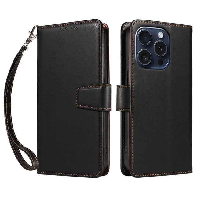 For iPhone 15 Pro Case RFID Blocking PU Leather Wallet Flip Phone Cover with Wrist Strap - Black
