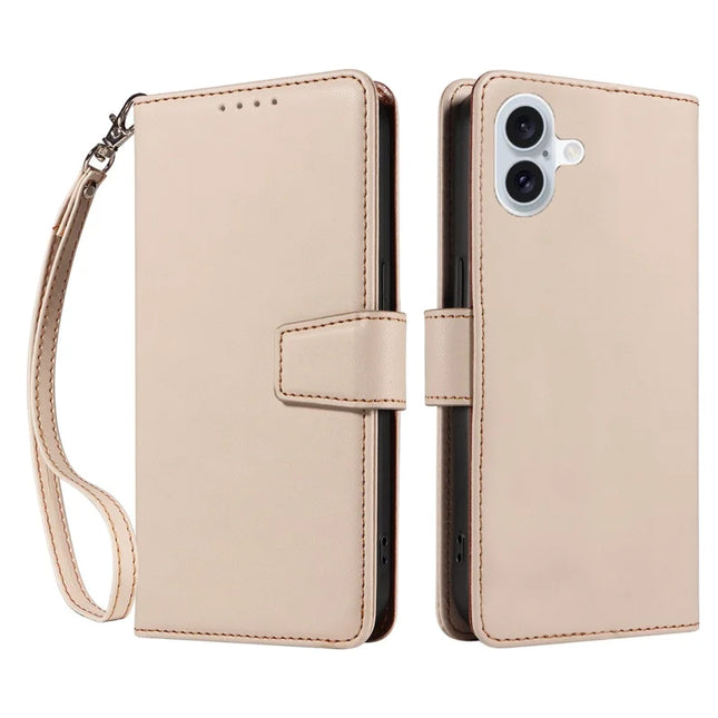 For iPhone 16 Plus Case RFID Blocking PU Leather Wallet Flip Phone Cover with Wrist Strap - Apricot