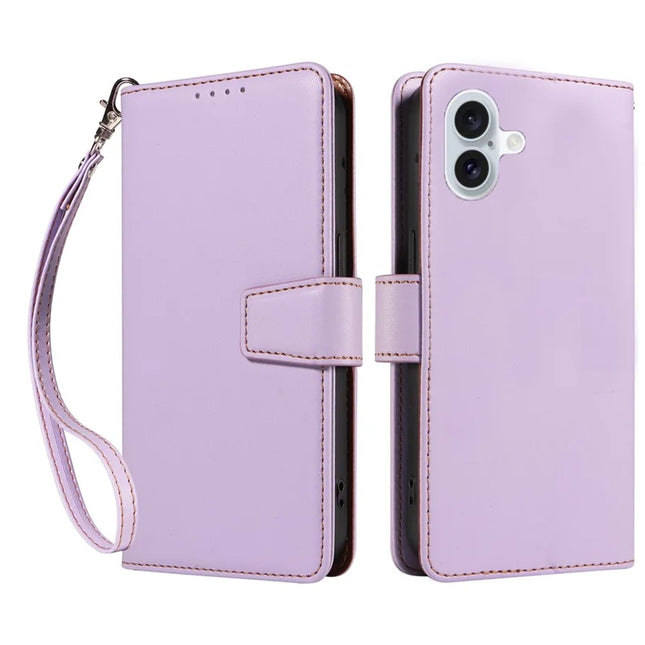 For iPhone 16 Plus Case RFID Blocking PU Leather Wallet Flip Phone Cover with Wrist Strap - Lavender Purple