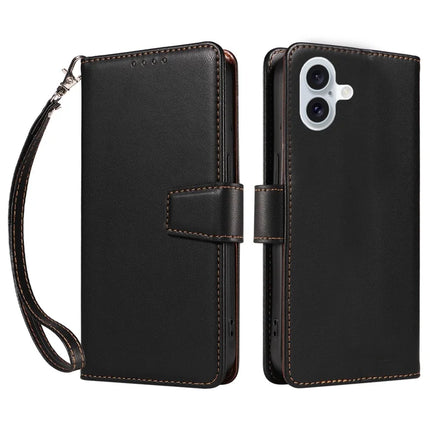 For iPhone 16 Plus Case RFID Blocking PU Leather Wallet Flip Phone Cover with Wrist Strap - Black