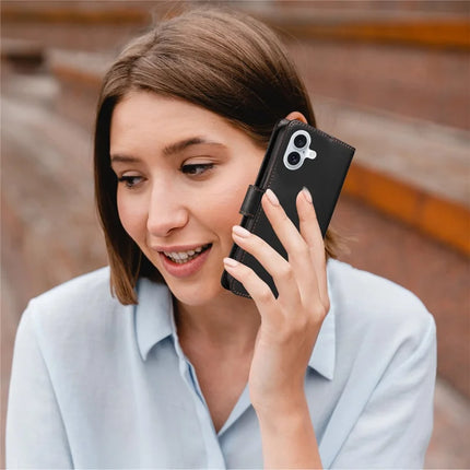 For iPhone 16 Plus Case RFID Blocking PU Leather Wallet Flip Phone Cover with Wrist Strap