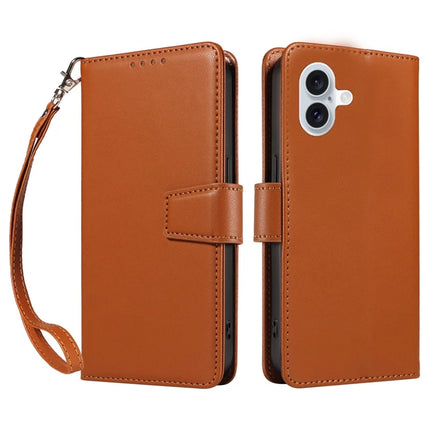 For iPhone 16 Plus Case RFID Blocking PU Leather Wallet Flip Phone Cover with Wrist Strap - Light Brown