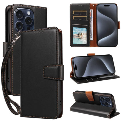 For iPhone 16 Pro Case RFID Blocking PU Leather Wallet Flip Phone Cover with Wrist Strap