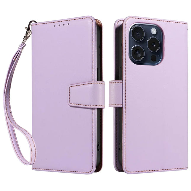 For iPhone 16 Pro Max Case RFID Blocking PU Leather Wallet Flip Phone Cover with Wrist Strap - Lavender Purple