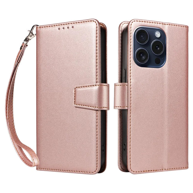 For iPhone 16 Pro Max Case RFID Blocking PU Leather Wallet Flip Phone Cover with Wrist Strap - Rose Gold