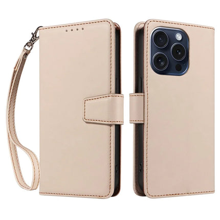 For iPhone 16 Pro Max Case RFID Blocking PU Leather Wallet Flip Phone Cover with Wrist Strap - Apricot
